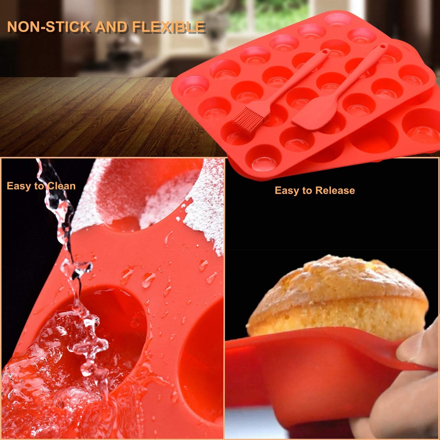 Silicone Muffin Pan Cupcake Set, Non-Stick Regular 12 Cups and Mini 24 Cups,Silicone Baking Molds,BPA Free Muffin Tin with 1 Silicone Spatula & 1 Oil Brush (Red)