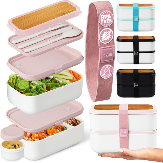 Double Premium Bento Box Adult, 67 fl oz BPA-Free - Dusty Pink Stackable Lunch Box with Leak-Proof Lids & Dividers, Perfect for Meal Prep, Lunches & Portion Control