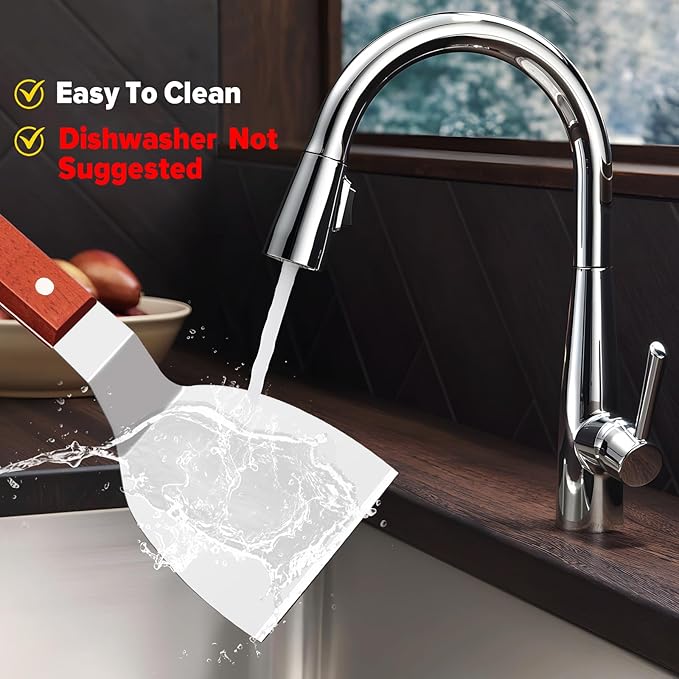 Metal Spatula Set for Cast Iron Skillet, Wide Griddle Stainless Steel Spatula Flipper Turner Utensil Set for Kitchen Use with Short Wood Handle Beveled Edge for Pancake, Egg, Burger, Omelet, 2 Pack