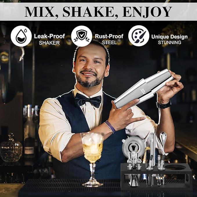 IOV Cocktail Shaker Set: 12-Piece Mixology Bartender Kit Bar Set | 18oz & 28oz Boston Shaker Drink Mixing Tools for Home with Recipe Booklet and Stand | Fun Housewarming Gift (Silver)