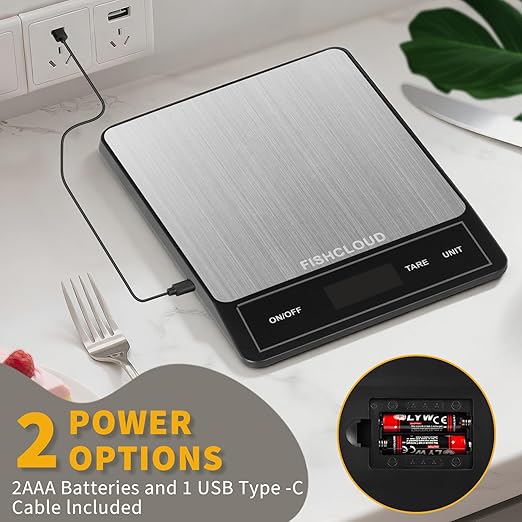 Food Scale - Rechargeable Digital Kitchen Scale 33lb, 1g/0.05oz Precision, Type-C, Stainless Steel, Grams/Ounces, LCD Display, for Cooking/Baking/Meal Prep (Ash Silver)