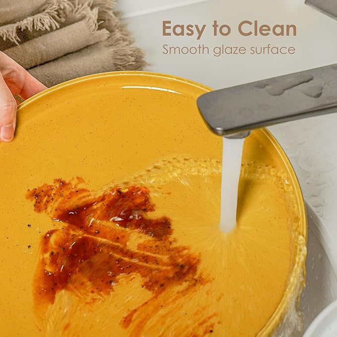 24 Pieces Farmhouse Stoneware Dinnerware Set for 8, Speckled Ceramic Plates and Bowls Set, Matte Terracotta Underside Ceramic Dish Set Scratch Resistant Microwave Dishwasher Safe (Ginger Gold)