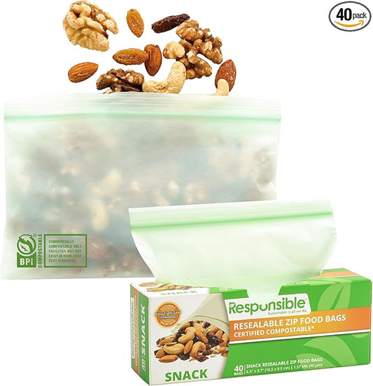 Certified Compostable SNACK Resealable Zip Bag, Extra Strength Food Bags, Plant-Based Freezer-Safe (40 Pack)