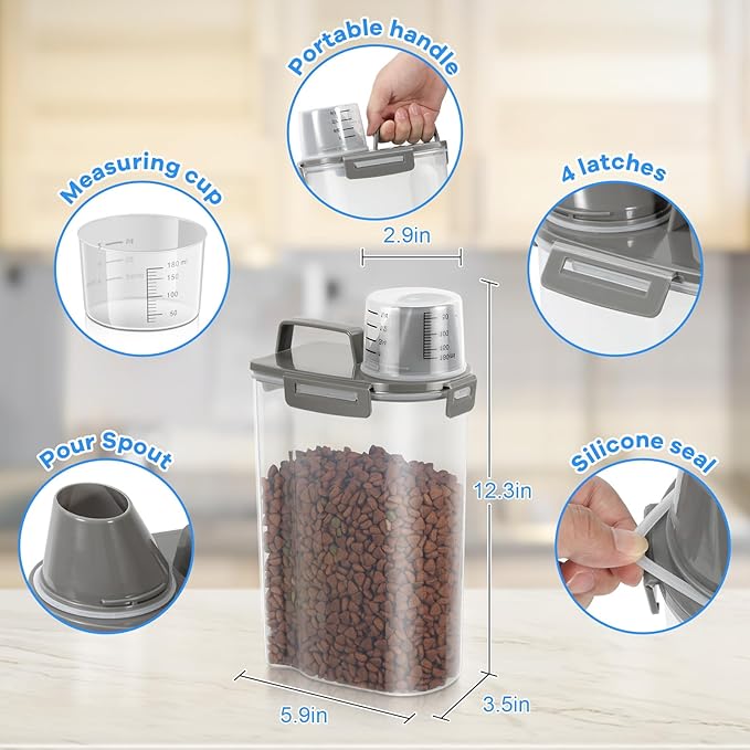 TBMax Small Dog Cat Food Storage Containers 2 Pack, Travel-Friendly Pet Food Container with Spout & Measuring Cup, Kid-Friendly Pet Feeding Dispenser, Portable Dog Treat Bird Seed Container -Grey