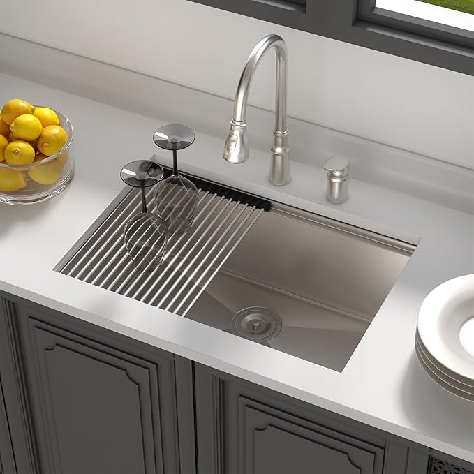 Lordear 27 Undermount Kitchen Sink 27x19 Inch 16 Gauge Stainless Steel Kitchen Sinks Under Counter Ledge Workstation Single Bowl Basin