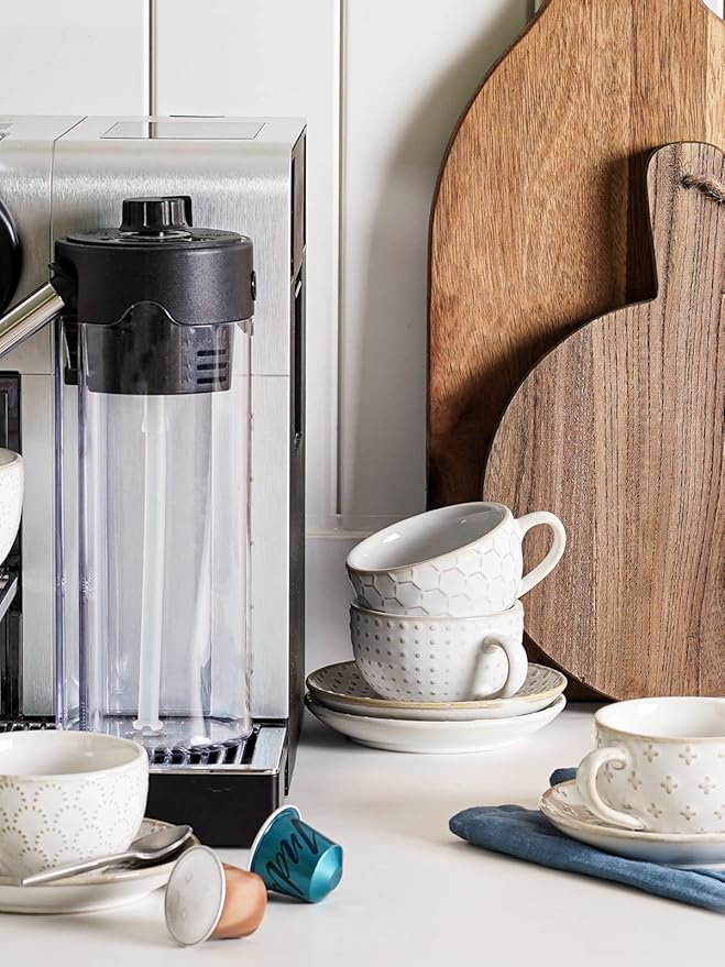 LE TAUCI Espresso Cups with Saucers 3 oz, Ceramic Embossment Coffee Cup for Double shot, Lungo, Ristretto,Dishwasher Safe - Set of 4, Arctic white