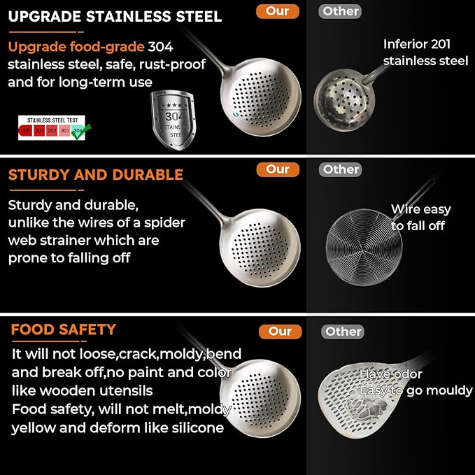 MARTE 17'' Skimmer Slotted Spoon - 304 Stainless Steel Skimmer Ladle Spider Strainer Spoon for Cooking and Frying - Long Pasta Strainer Tools Frying Spoon Kitchen Cooking Utensils Colander Spoon