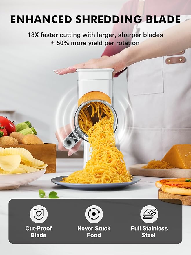 GDL Rotary Cheese Grater Hand Crank - Upgraded Cheese Shredder with 4 Interchangeable Blades, Rotary Grater with Non-slip Suction Base, Easy to Clean Kitchen Grater Slicer Grinder for Vegetable Nuts