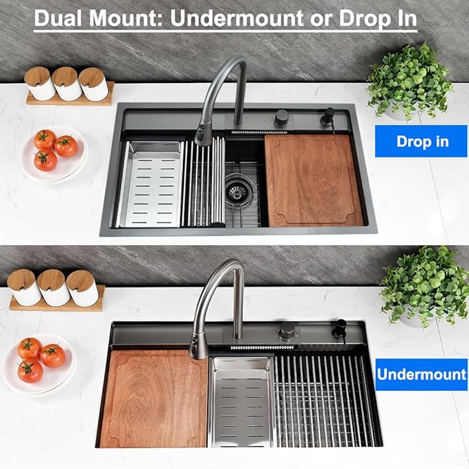 33 Undermount Kitchen Sink with Faucet, 33x19 Black Stainless Steel Workstation Undermount Waterfall Kitchen Sink Dual Mount Pull Down Sprayer Faucet