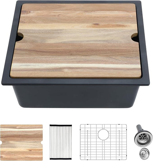 Kichae Black Undermount Bar Sink - 21 x 18 Black Composite Granite Undermount Wet Bar Prep Kitchen Sink