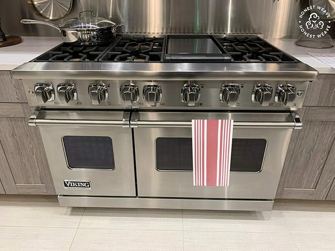 GOTS Certified Organic Cotton Kitchen Hand and Dish Towel Sets - Oversized 20x30 inches, Fully Hemmed, in Designer Colors, 6-Pack, Coral Stripe