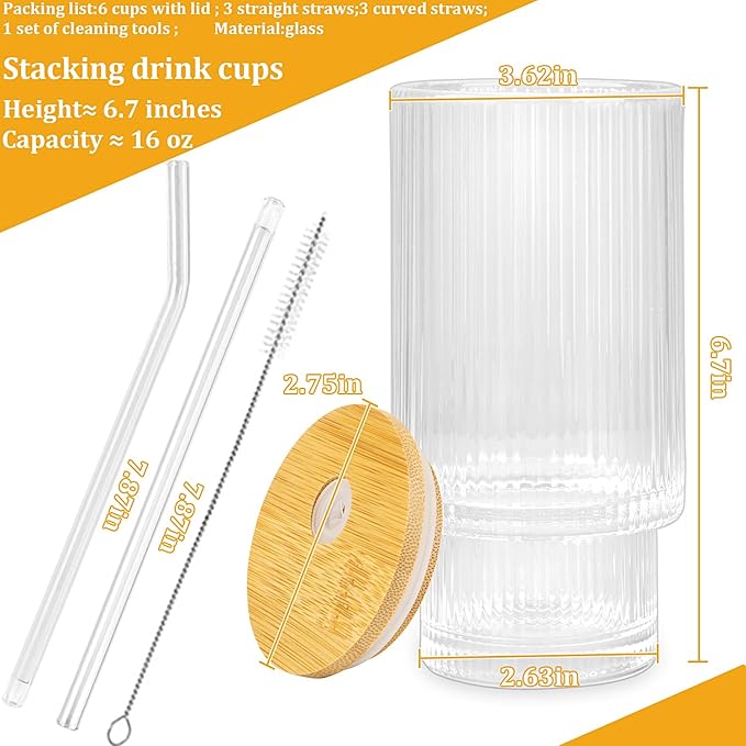 6 Pcs 16oz Ribbed Glass Cups With Bamboo Lids, Stackable, Suitable for Coffee, Juice, Cocktails, Beer