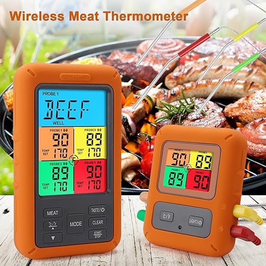 Color Screen Wireless Meat Thermometer for Grilling and Smoking, 4 Temperature Probes Food Thermometer for Outside Grill, BBQ Thermometer for Cooking Baking Turkey Fryer Smoker Acessories