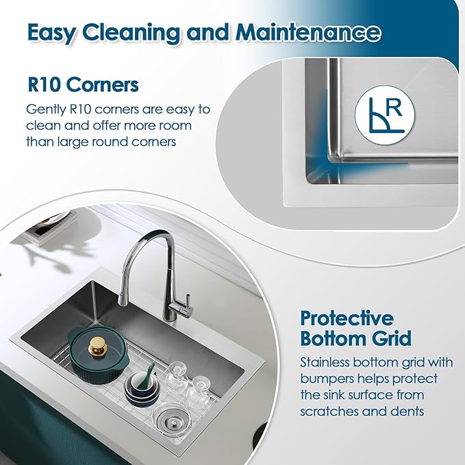 ROVOGO 25x18x9 Drop-in Kitchen Sink Single Bowl with Offset Drain Assembly and Bottom Grid, 304 Stainless Steel Handmade Modern Sink Top Mount with 1 Faucet Hole, Brushed