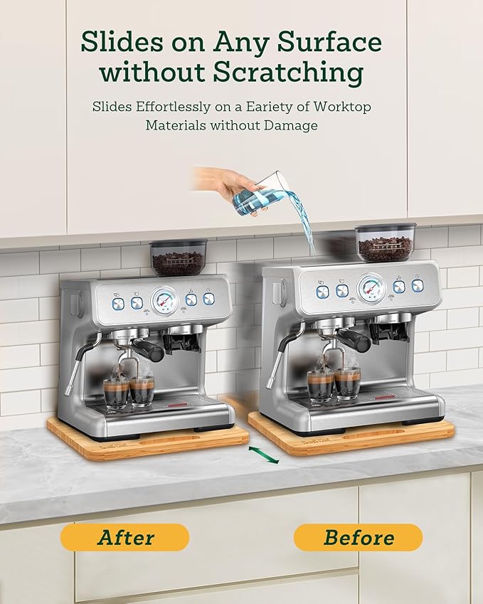 Bamboo Appliance Slider, Sliding Tray for Coffee Maker, Kitchen Countertop Appliance Rolling Tray, Coffee Pot Slider Tray with Rubber Wheels, Biggest (20"D x 16"W)