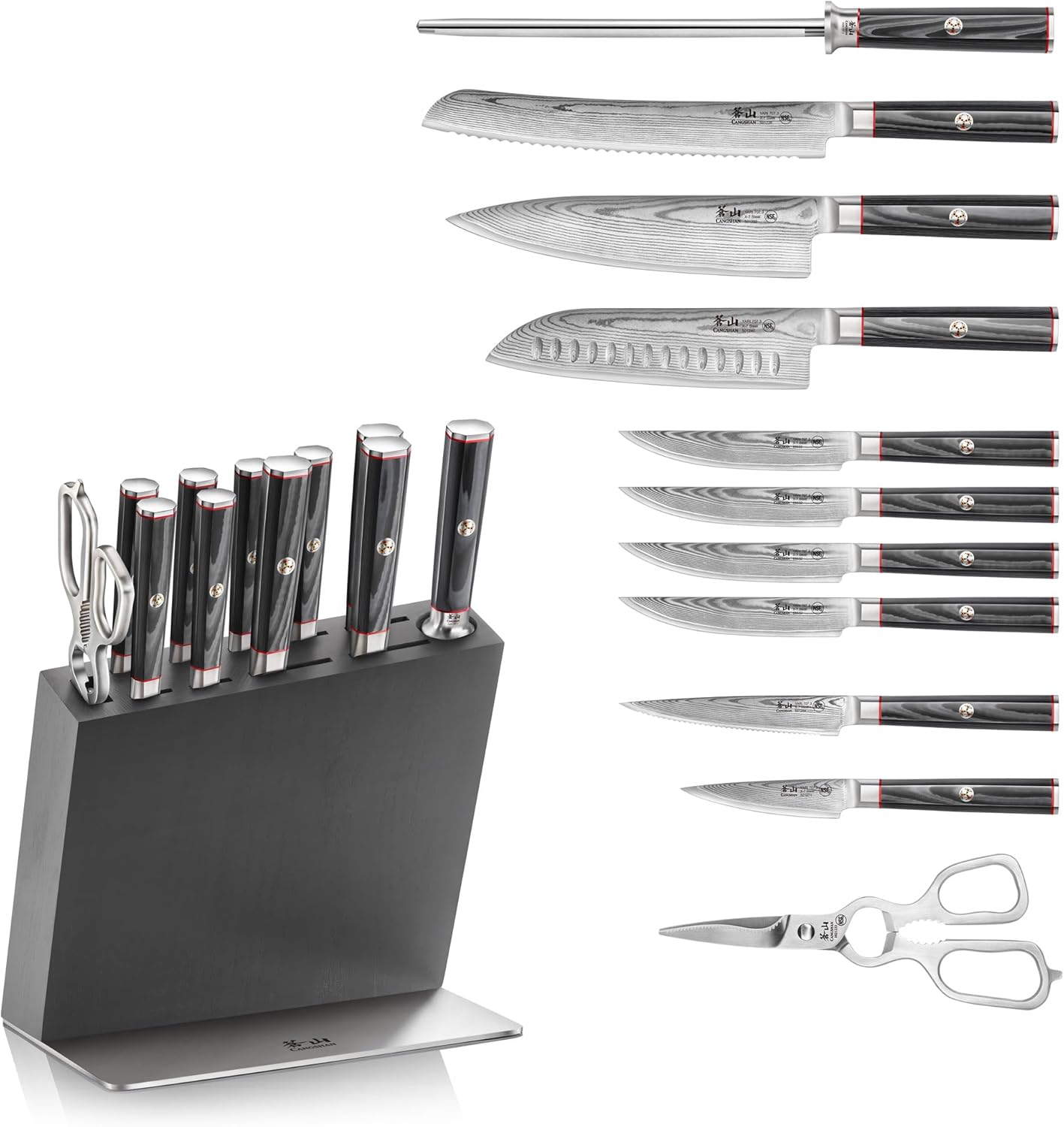 Cangshan YARI Series HUA Knife HUA Block Set, X-7 Damascus Steel, Ash Wood (12-Piece)