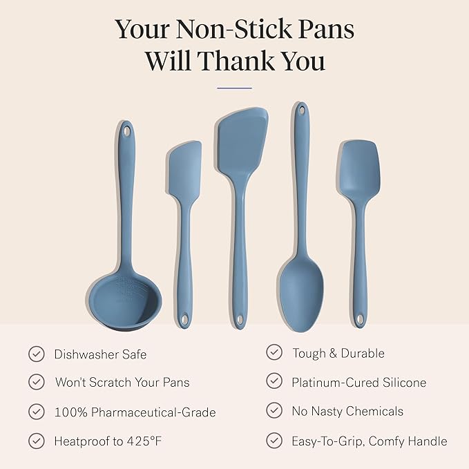 GIR: Get It Right 5-Piece Silicone Ultimate Kitchen utensils set - Ladle, Spatula, Flip, Spoon & Spoonula - Non toxic cooking utensils for Nonstick Cookware, Cooking and Baking - Slate