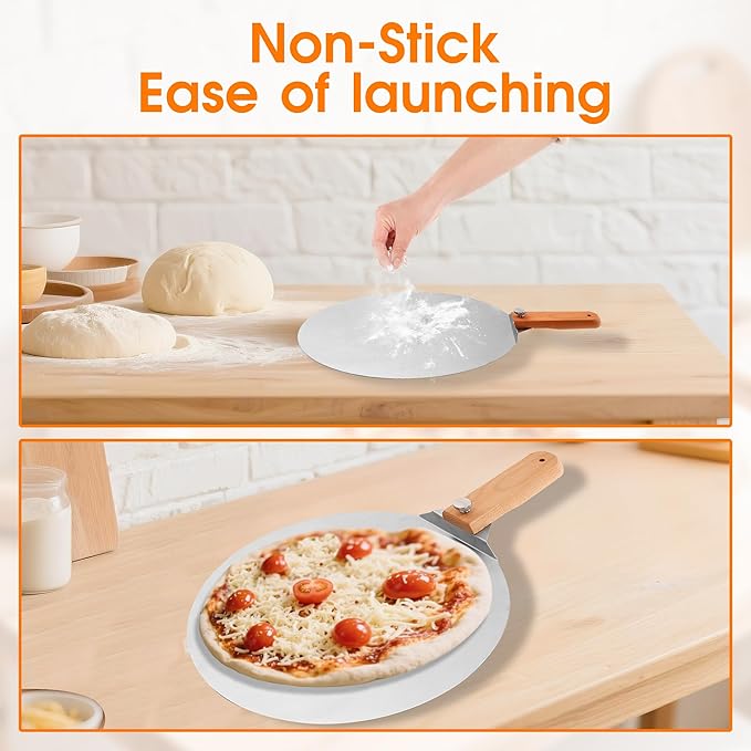 12 inch Stainless Pizza Peel for Large Oven, Pizza Spatula with Foldable Wood Handle for Indoor & Outdoor Pizza Oven Baking, Turing Peel for Pizza, Dough, Bread Pastry