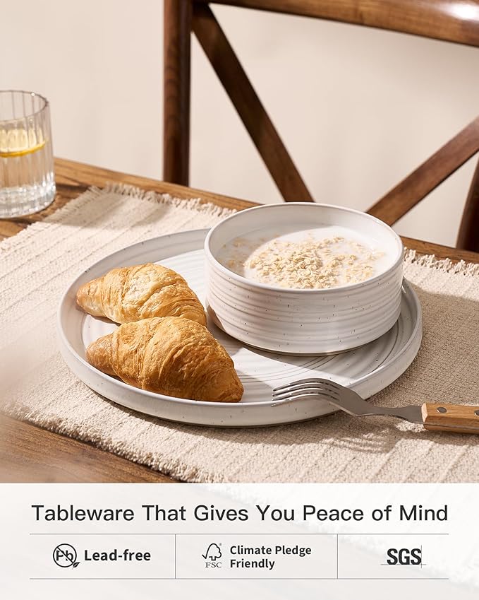 Stoneware Dinnerware Sets, Dish Set for 6, 18 Pieces Spiral Dishware Set with Straight Rim, Speckles & Reactive Glaze - Microwave and Dishwasher Safe Tableware, White