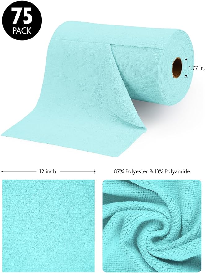 Fantasticlean Microfiber Cleaning Cloth Roll -75 Pack, Tear Away Microfiber Towels, 12" x 12", Reusable, Washable, Scratch Free, Ultra Absorbent Dishcloth for Home Supplies, Car, Pet, Kitchen (Blue)