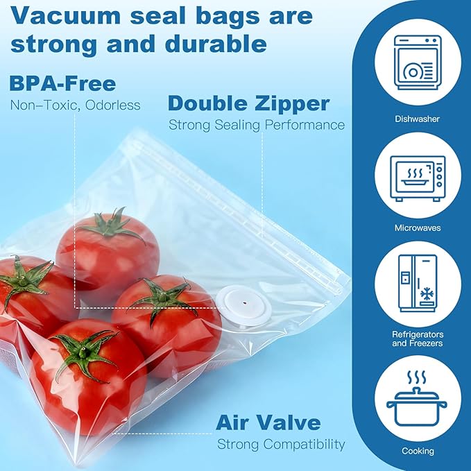 Vacuum Sealer Bags with Air Valve,8 PCS 10"×11" Reusable Vacuum Seal Bags，BPA-Free Heavy Duty Food Storage Bags for Food Storage, Cooking.