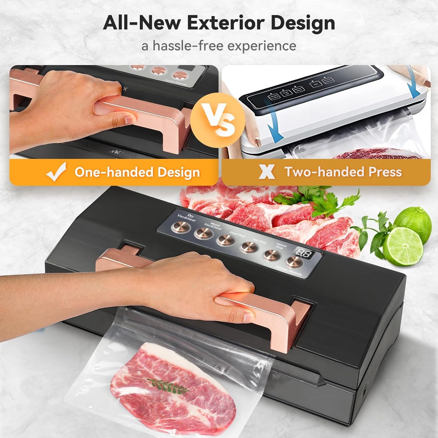 2025 Black Stainless Steel Food Vacuum Sealer, VACAPEX Deluxe Vacuum Sealer Machine with 11" Double Heat Seal and Automatic One-Touch System, Bags Storage & Cutter, Easy-Lock Handle with 2 Bag Rolls