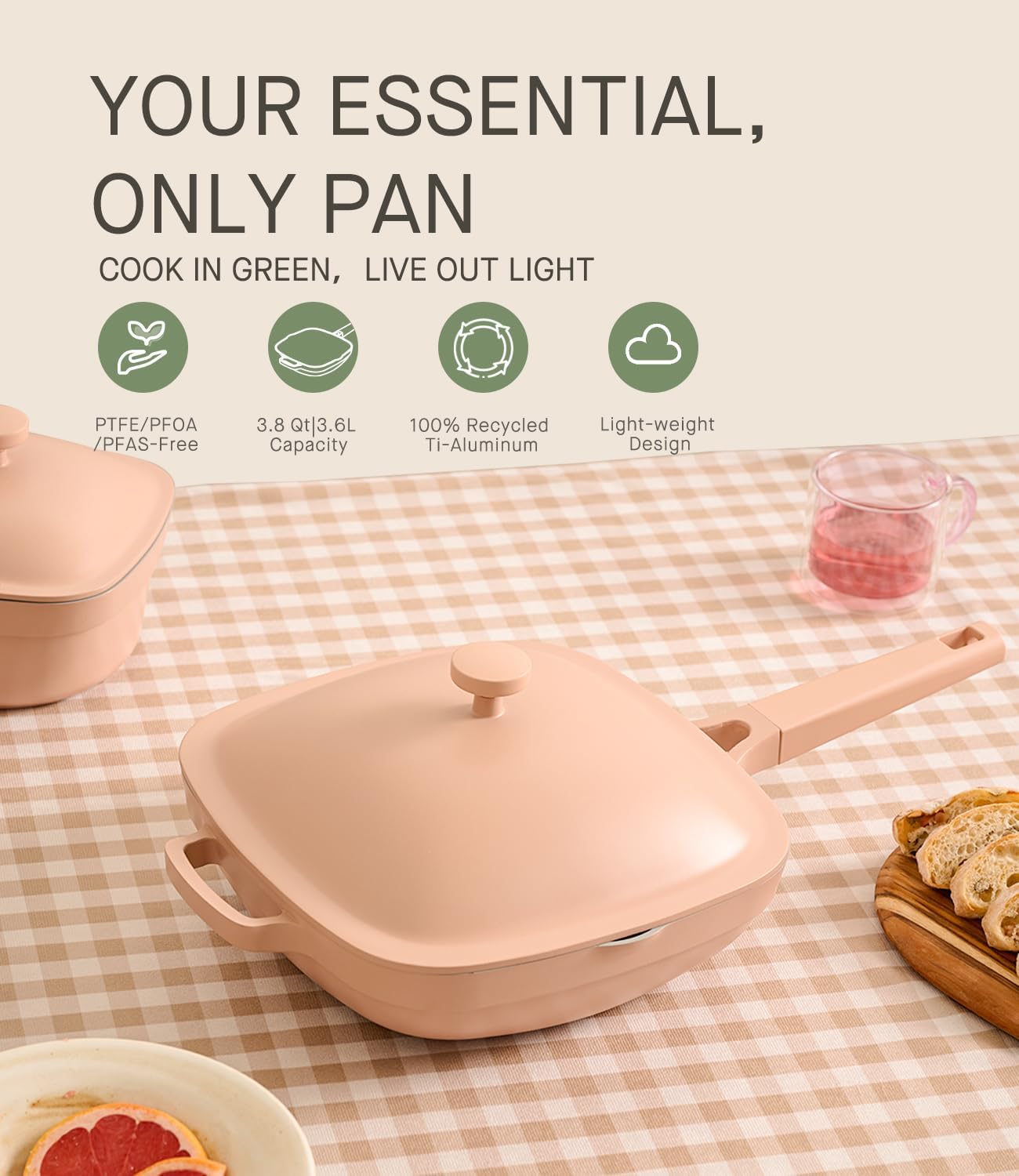 10.5 Inch(3.8QT) Ceramic Pan with Lid,Non Stick Frying Pans Cast Aluminum Deep Sauté Pans,Ti-Ceramic Non Toxic Pix Pan with Wooden Spatula and Scrubber-Desert Clay