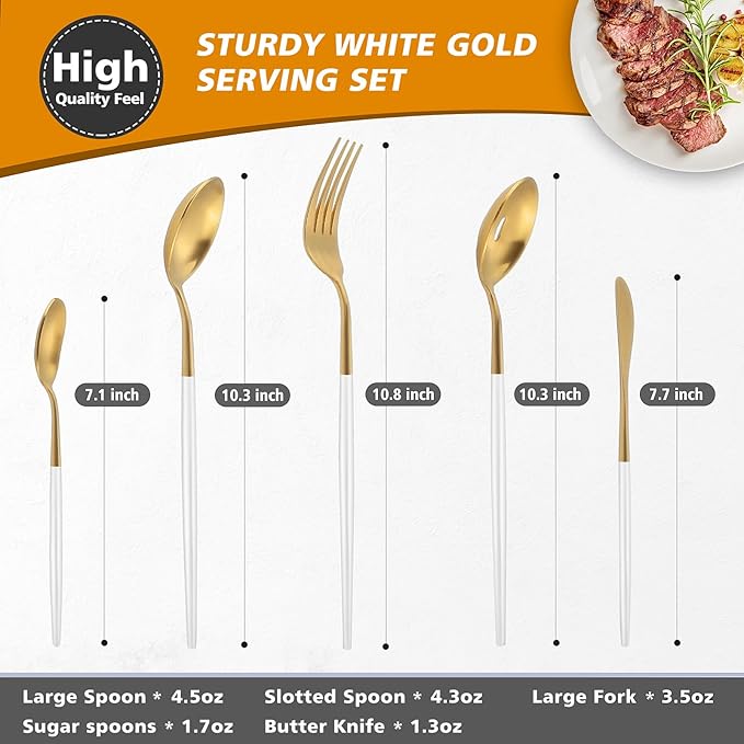 Matte Whitegold Serving Set，Oliviola 5-Piece Stainless Steel Large Hostess Set with Round Edge, Satin Finished, Dishwasher Safe -Large Spoon, Large Fork,Butter Knife，Sugar Spoon & Slotted Spoon