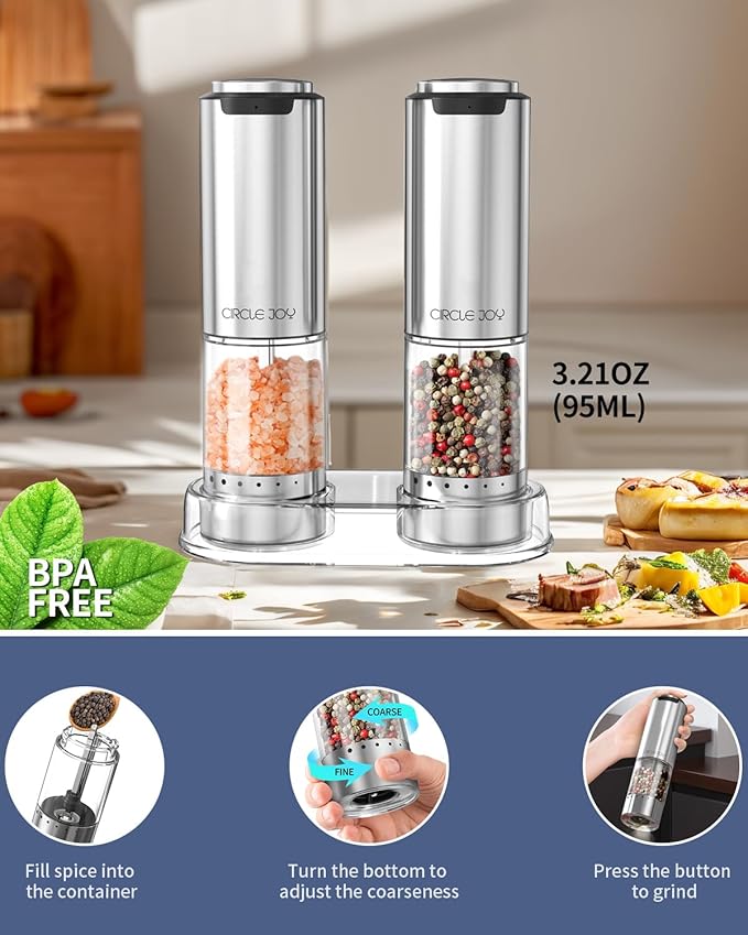 CIRCLE JOY Rechargeable Electric Salt and Pepper Grinder Set with Base, Stainless Steel Pepper Mills with 95ml Container, White LED Light and External Adjustable Coarseness, Silver