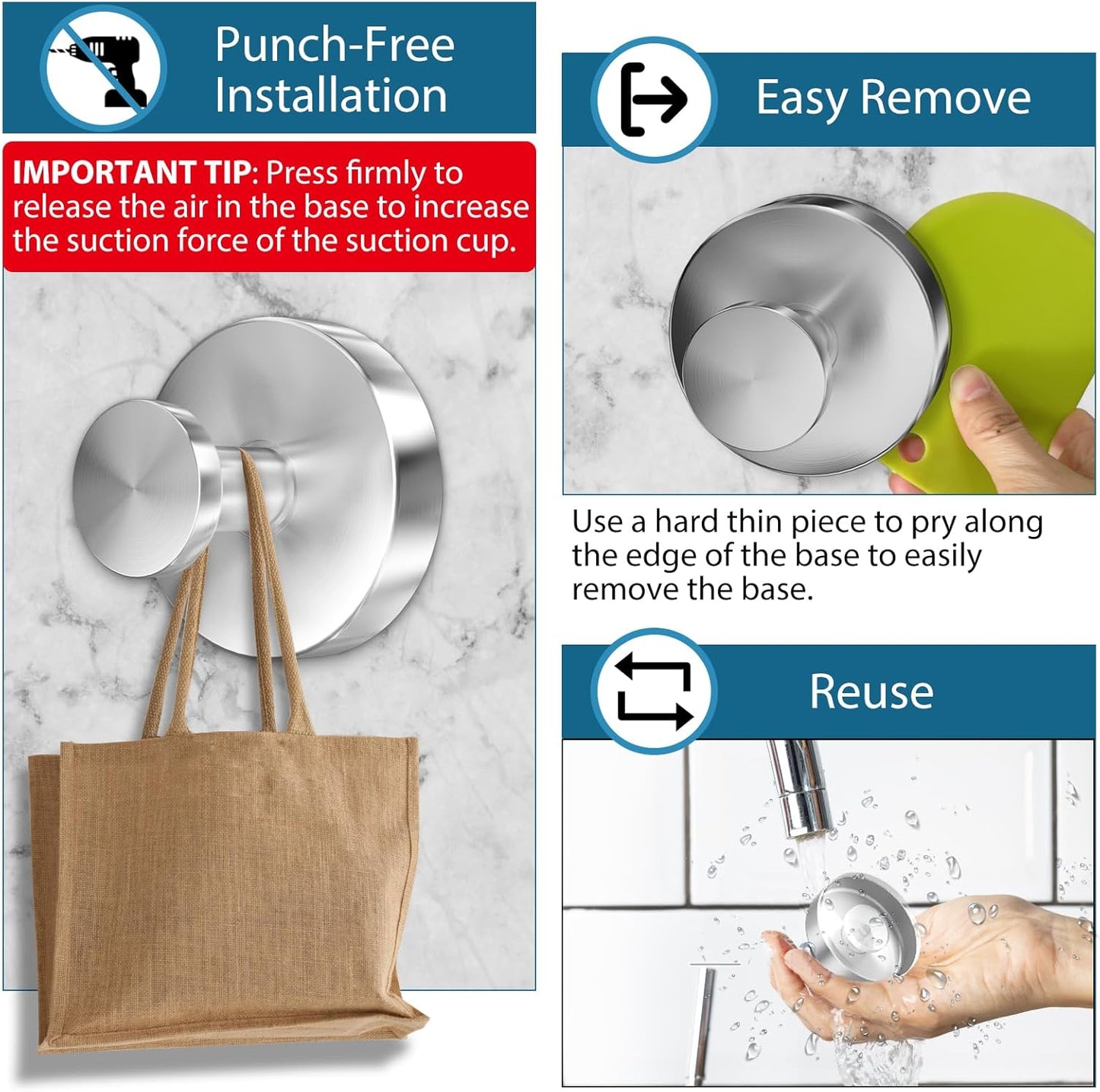 Suction Cup Hooks for Shower, 4 PCS No-Drill Towel Holder for Bathrooms Wall, Glass Door, Mirror, Tiles, Kitchen, Hold Robe & Wreath, Hanging up to 15 lbs – Waterproof & Rustproof, Loofah-Silver