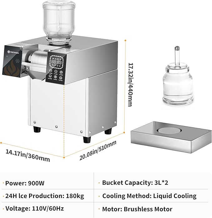 Snowflake Ice Machine, Commercial Shaved Ice Machine, Electric Snow Cone Maker, 10 Gears Adjustable Speed for Home, Outdoor Kitchen, Restaurant, Bakery, Café (Liquid Cooling, 180kg/24H)