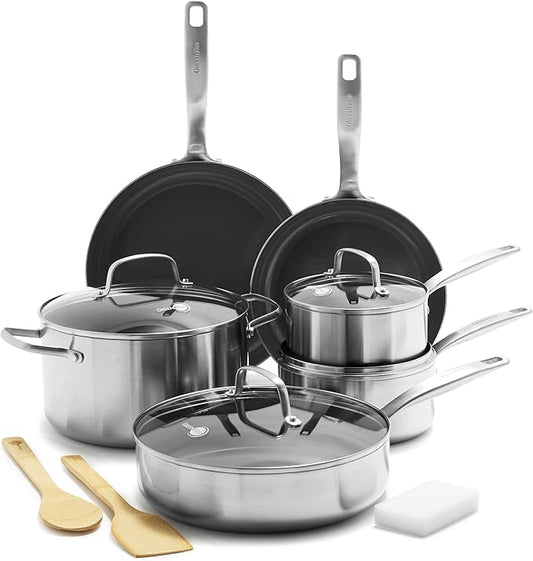 GreenPan Chatham Tri-Ply Stainless Steel 12 Piece Cookware Pots and Pans Set, PFOA and PFAS-Free, Multi Clad, Induction, Fry Saute Sauce Pans, Stock Pot, Dishwasher Safe, Oven & Broiler Safe, Silver