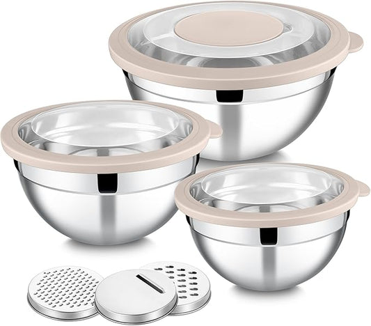 E-far Mixing Bowls with Lids and Graters, Stainless Steel Salad Mixing Bowl with Transparent Lid Set of 3, Metal Nesting Salad Storage for Kitchen Prepping/Serving/Baking, 4.6/2.6/1.5QT - Khaki