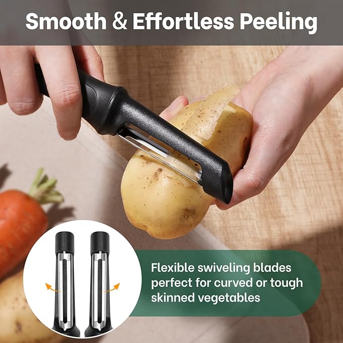 Beneno Swivel Vegetable Peeler, Razor-Sharp Smooth Peeling Potato Peelers with Stainless Steel Blades, Ergonomic Comfort Non-Slip Rubber Handle, Durable Kitchen Peelers with Potato Eye Remover, Black