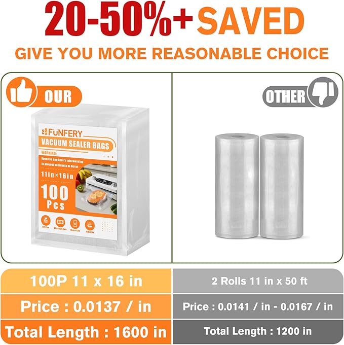 FUNFERY Precut Vacuum Sealer Bags for Food, 100 Gallon 11" x 16", Food Long-Term Storage and Sous Vide Commercial-Grade Bag, BPA Free for Microwave, Boiling,Sous Vide, Refrigerator
