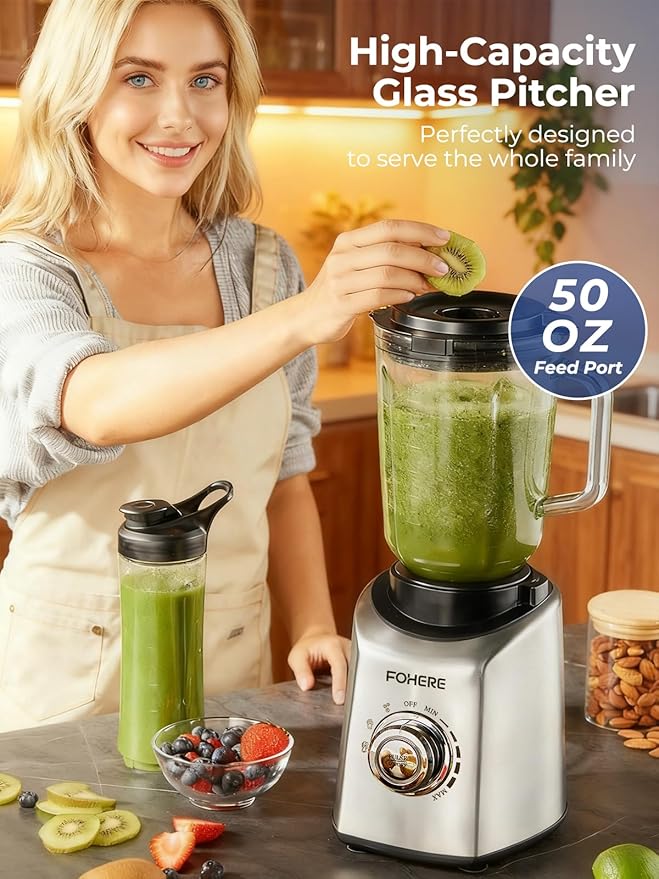 FOHERE Professional Blender Peak 1200W, Countertop Blender with 3 Presets＆ 5 Speeds for Smoothies, Shakes, and Frozen Drinks, 50 Oz Glass Jar ＆20 Oz Tritan Jug