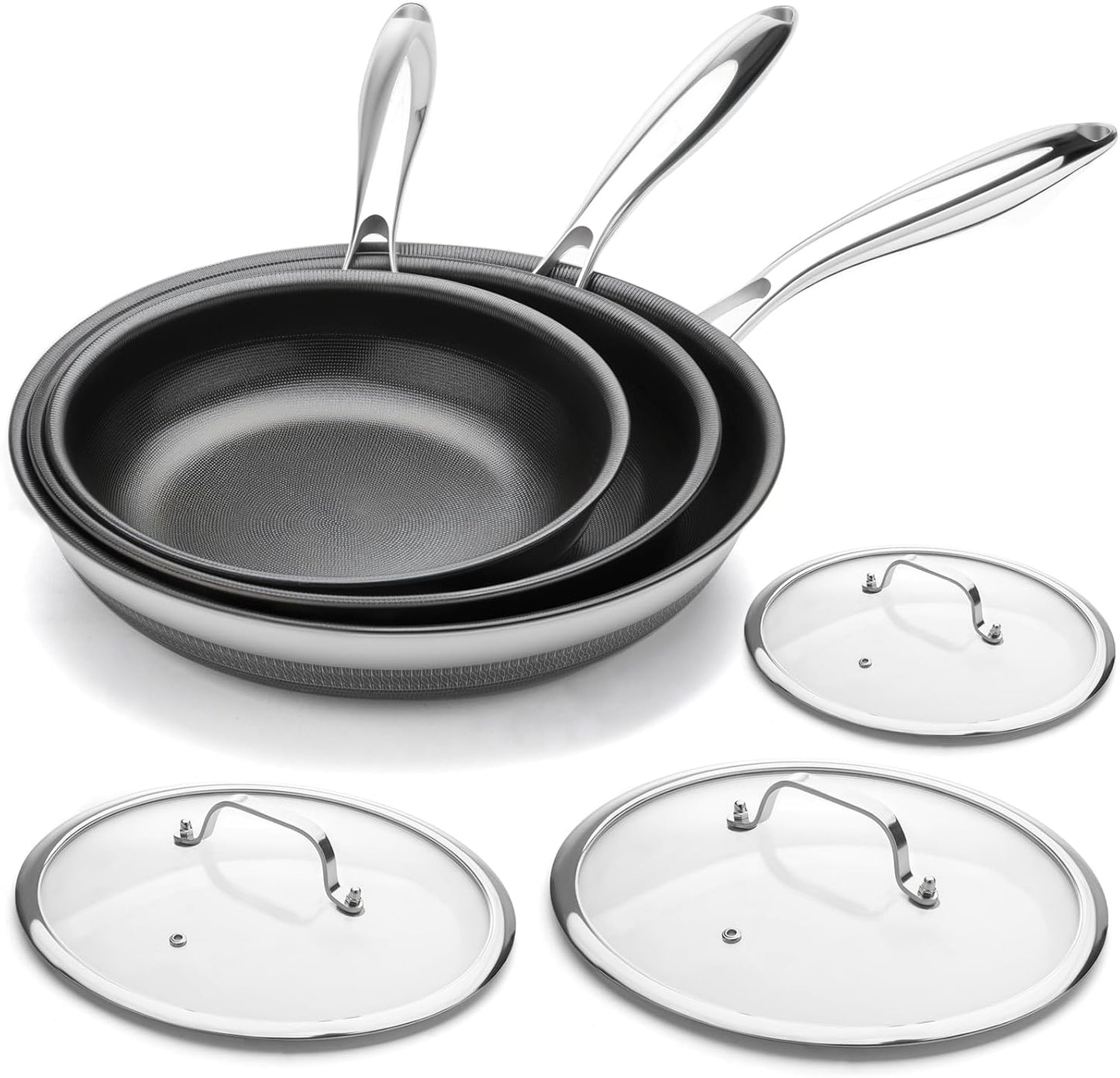 Nonstick Frying Pan Set with 3 Lids, 6 Piece Non-Toxic Titanium Ceramic Skillet, 8, 10 & 12 Inch Stainless Steel Pans, PFAS/PFOA/PTFE Free, Dishwasher & Oven Safe, All Cooktops Compatible