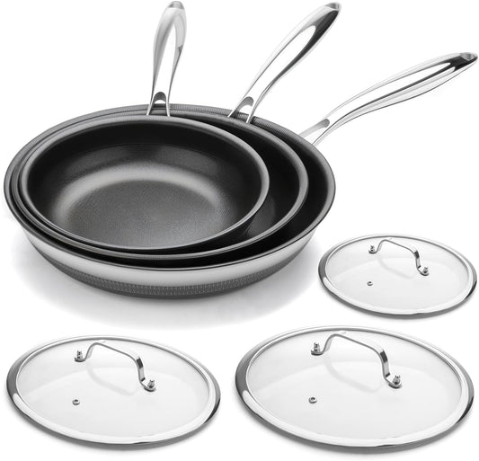 Nonstick Frying Pan Set with 3 Lids, 6 Piece Non-Toxic Titanium Ceramic Skillet, 8, 10 & 12 Inch Stainless Steel Pans, PFAS/PFOA/PTFE Free, Dishwasher & Oven Safe, All Cooktops Compatible