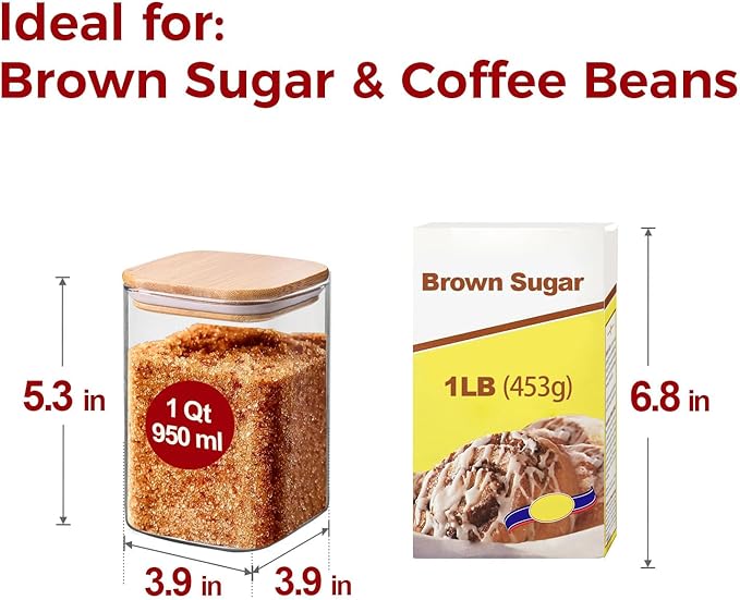 Glass Storage Containers with Lids, Food Storage Jar Canister Set, Pantry Organizers for Cookie Candy Tea Coffee Bean (4 pack 1qt)