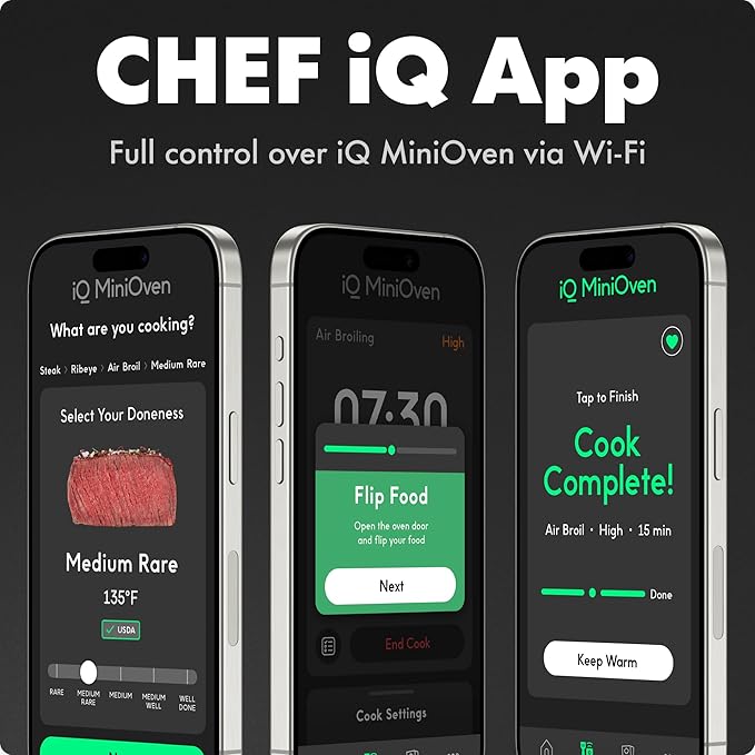 CHEF iQ MiniOven Smart Toaster Oven Air Fryer Combo, 11-in-1 Countertop Convection Oven, Bake, Broil, Air Fry, Broil, Dehydrate, 1750W, 25 Qt Capacity, Fast Cooking with Touchscreen Controls – Black