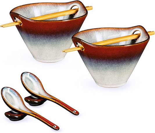 HENXFEN LEAD Japanese Ramen Bowls Set of 2 - Deep Ceramic Soup Bowls with Spoons, Chopsticks and Holder, 20 Oz Serving Dishes for Pho, Udon Noodle, Cereal - Reactive Red