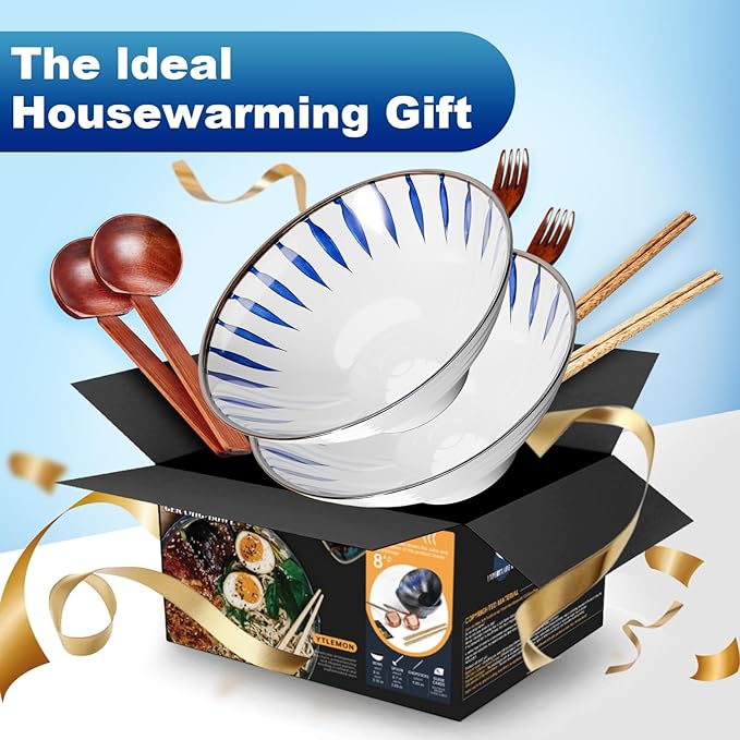 8-Inch Large Ceramic Ramen Bowl Set of 2 (9 Piece) - Microwave & Dishwasher Safe Porcelain Japanese Salad Noodles Cereal Fruit Pasta Soup Bowls with Recipes Chopsticks Forks Spoons for Men Women Gift