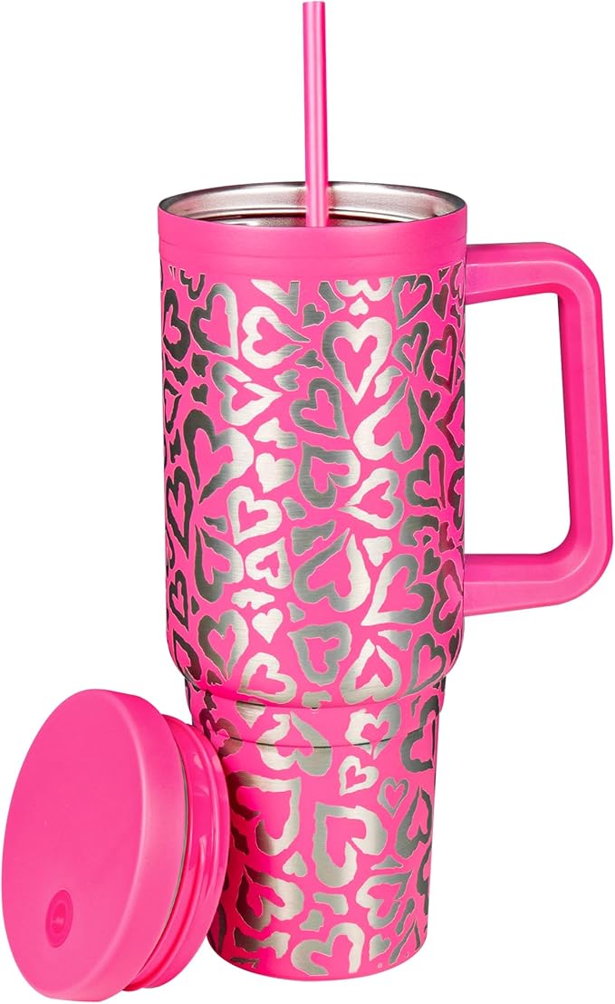 Pink Leopard 40oz Insulated Tumbler with Handle, Lid & Straw - Heart & Leopard Pattern Engraved, Unique Gift for Her| Disabled USMC Vet Owned SMALL Business