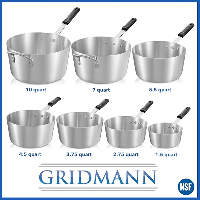 GRIDMANN 7-Quart Tapered Aluminum Sauce Pan with Silicone Handle, NSF Listed Heavy Duty Professional Cookware