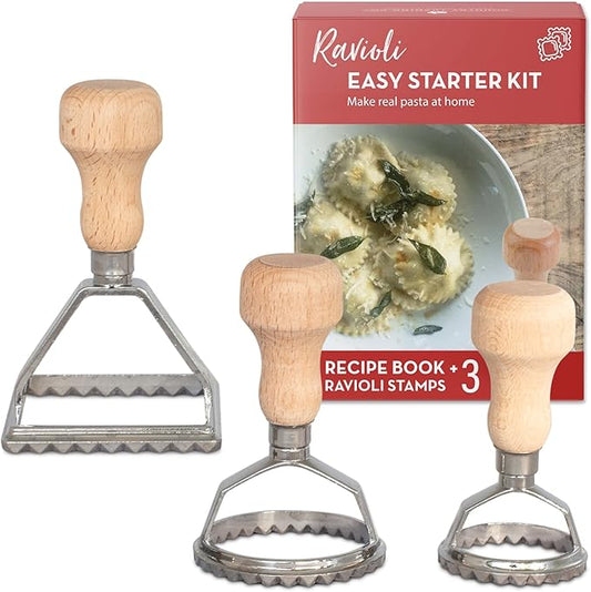 Easy Ravioli Maker Starter Kit | 3 Ravioli Mold Pasta Gift Set + Cookbook | Ravioli Press Guide to Making Ravioli and Stamp Stuffed Pastas like Tortellini + Recipes for Classic Fillings and Sauces