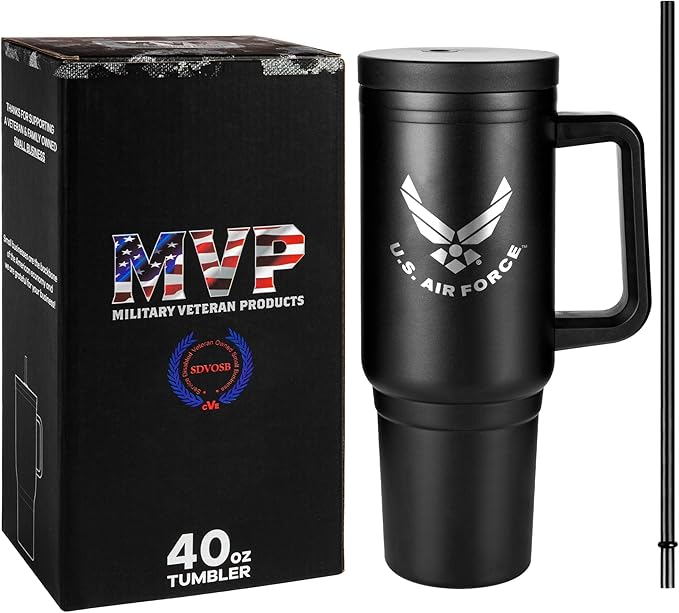 40oz USAF Tumbler with Handle, Leakproof Lid & Straw-Laser-Engraved Air Force Logo - Gifts for Airmen - USAF 40oz Tumbler
