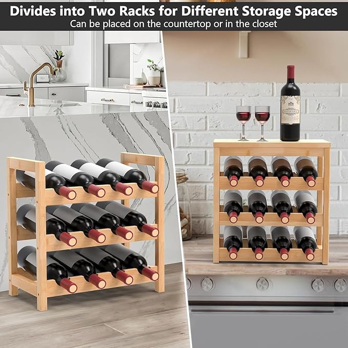 24-Bottle Bamboo Wine Rack Freestanding Floor, 6 Tier Wine Display Rack with Table Top, Wine Storage Shelf for Kitchen Dining Room Bar
