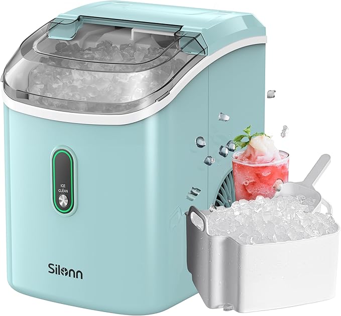 Silonn Nugget Ice Maker Countertop, Pellet Ice Machine with Self-Cleaning Function, Sonic Ice Maker Produces 33lbs of Chewable Ice in 24 Hours, Ideal for Home Kitchen and Office (Green)