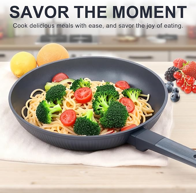 Non-Toxic Ceramic Cookware Set, 3-Piece Black Pots and Pans Set Non Stick, PFOA & PTFE Free, For All Stovetops Induction, Dishwasher Safe with Stay-Cool Handles