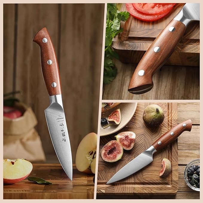 HEZHEN 4.3 inch Blade Paring Kitchen Knife,High-Carbon 1.4116 German Steel Cutlery, Ergonomic Red Wood Handle Petty Knives for Home Chefs, Ultimate Paring Knife for Utility Tasks